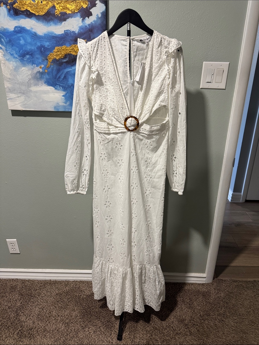 Walter Baker White Eyelet Maxi Dress with Tortoiseshell Buckle